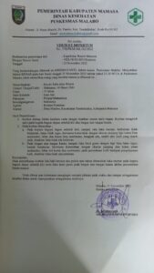 Surat keterangan yang dikeluarkan oleh Puskesmas Malabo Kec. Tandukkalua Kab.Mamasa